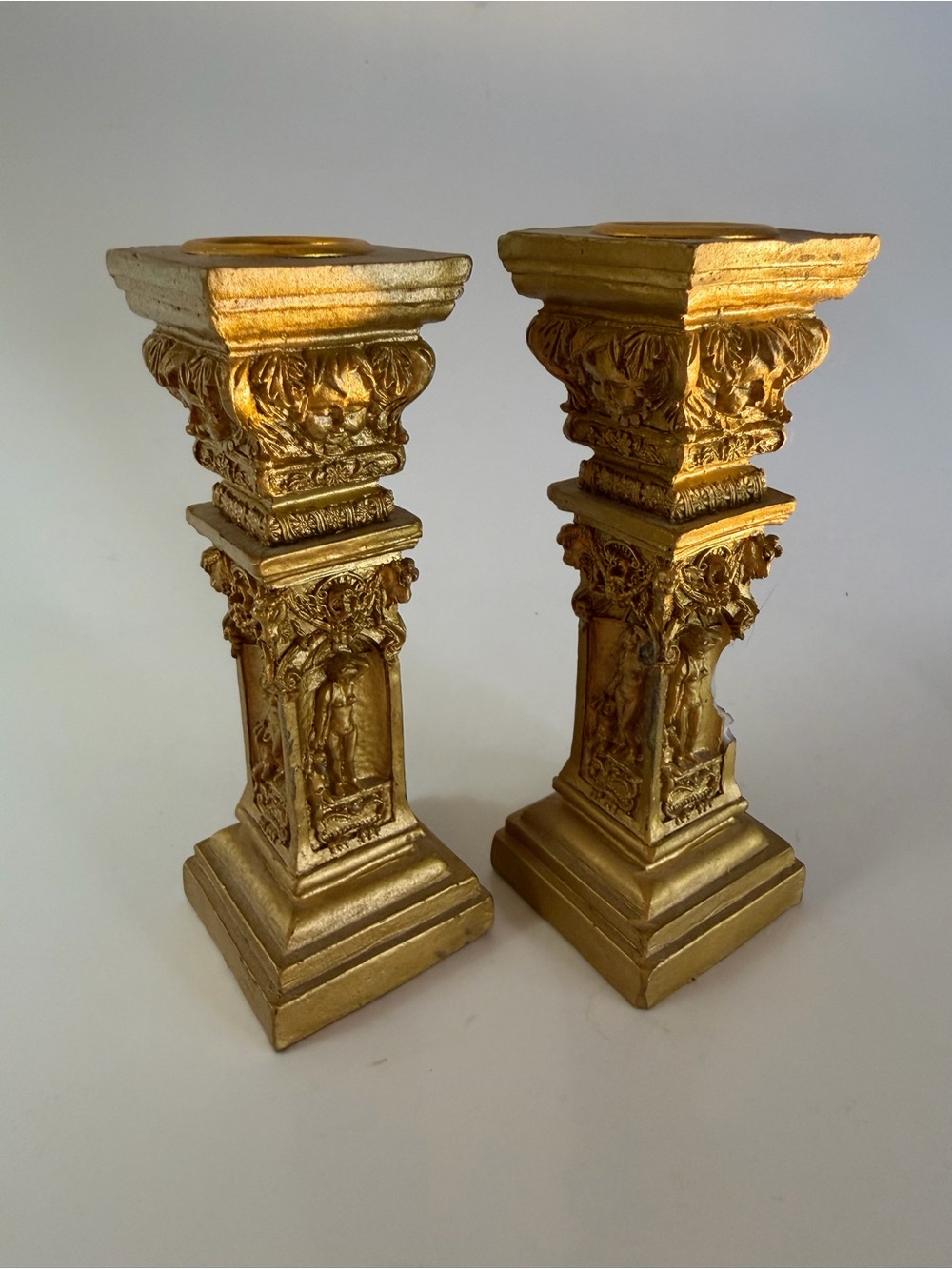 2 Gold painted 5” baroque looking candle holders